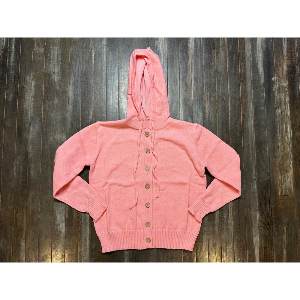 Pink Button Front Hooded Cardigan Sweater Knit Hoodie